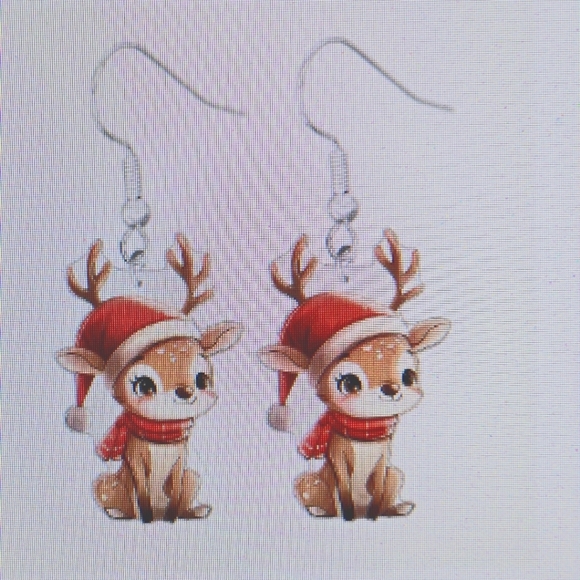 ♥Reindeer Cartoon Christmas Earrings - Acrylic Dangles - Nickel-Free Alloy Hooks - Picture 1 of 4